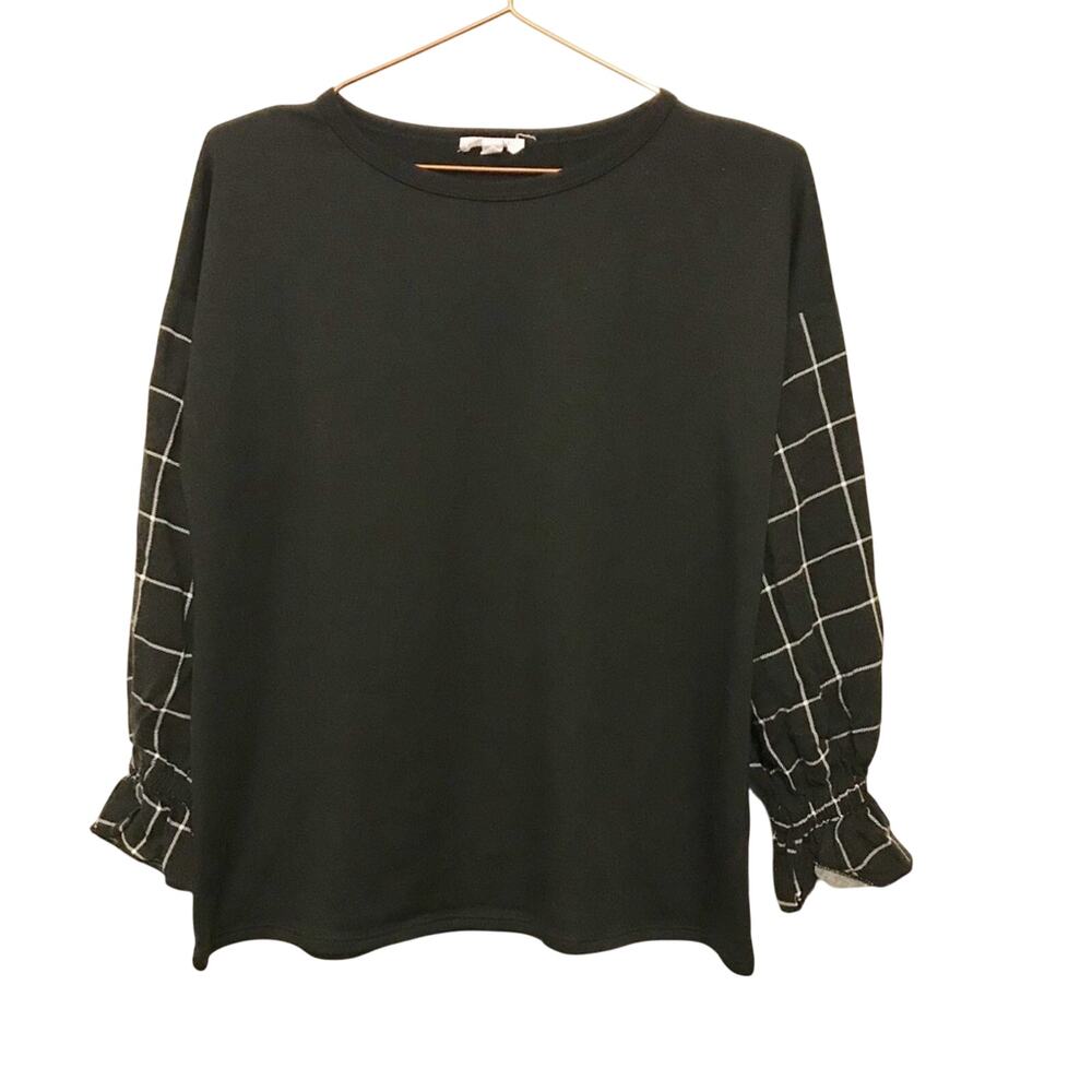 Hailey & Co Black Plaid Window Pane Puffy Sleeve Top - S